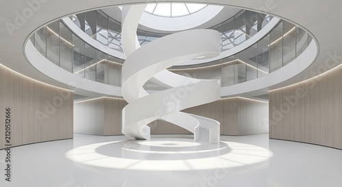 Modern Circular Atrium with Sculptural White Spiral Staircase | Luxury Minimalist Architectural Interior