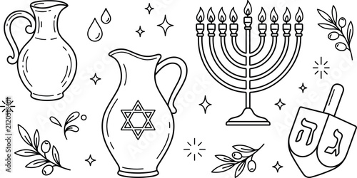 Foto Hanukkah Jewish holiday line art vector illustration elements set with menorah d