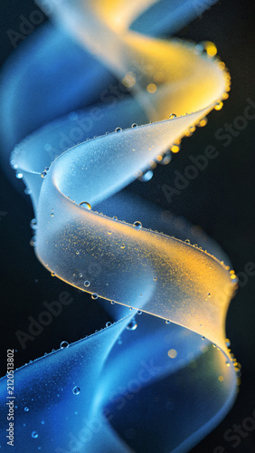 Konstfotografi Beautiful glowing blurred frosted glass wavy aura ribbon background with grainy holographic texture droplets vertical composition for mobile device blue yellow wallpapers
