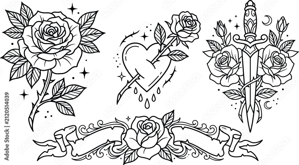 Fototapeta premium Traditional old school tattoo flash vector collection with line art rose dagger pierced heart and blank ribbon banner
