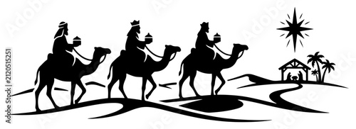 Fotografie Three wise men on camels following the star to the nativity scene in silhouette