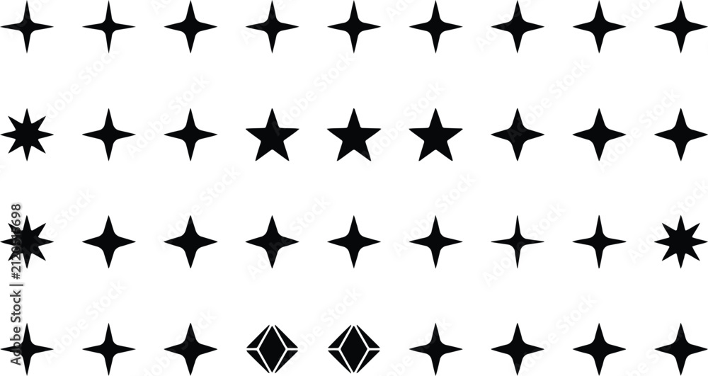 Fototapeta premium Sparkle Star Icon Set with Twinkle Shine Decorative Geometric Shapes and Minimal Vector Symbols Collection