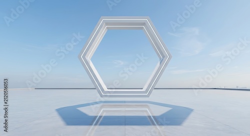 Futuristic Floating Hexagonal Portal Frame in Minimalist Open Space | Modern Abstract Architecture Background
