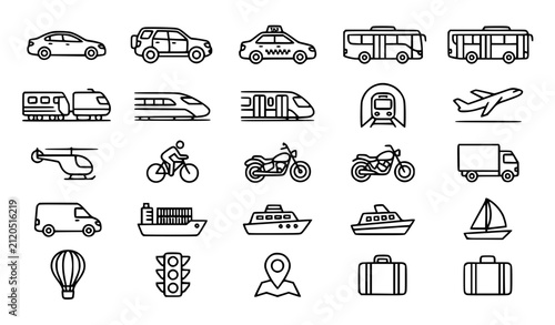 Black and white vehicle and transportation line icon set with car bus train airplane travel symbols vector illustration isolated on white background