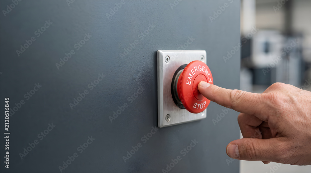 Naklejka premium Hand Pressing Emergency Stop Button