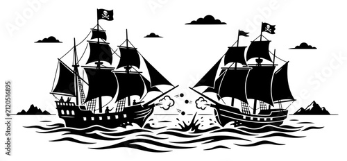 Bild auf Leinwand Pirate ships engaging in a cannon fire naval battle on the high seas silhouette
