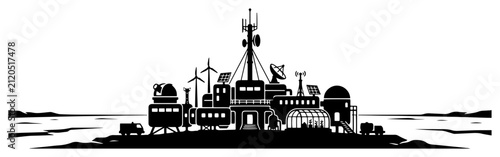 Scientific research base station in arctic landscape with wind turbines and solar panels in flat vector style