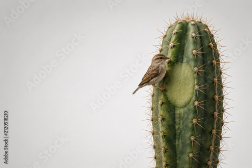 Small bird builds a soft nest inside a cactus. Space for text.