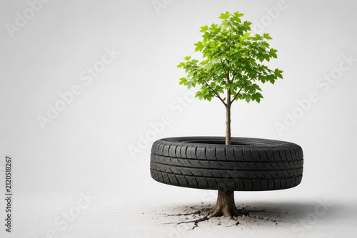 Young tree grows through a suspended black tire. Space for text.