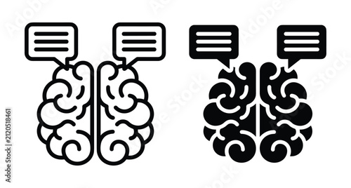 Human brain icon set with speech bubbles representing communication thought process psychology mental health logic creativity and cognitive function symbols