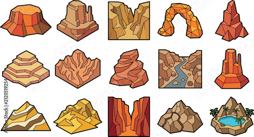 Fotografie Isometric desert landscape elements a cartoon vector illustration set of rock fo