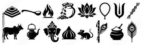 Hindu ritual objects with Ganesha head and Krishna flute black silhouette icons