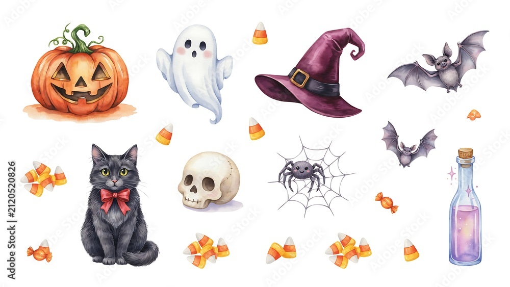 Fototapeta premium Halloween themed illustrations featuring cats pumpkins ghosts and bats