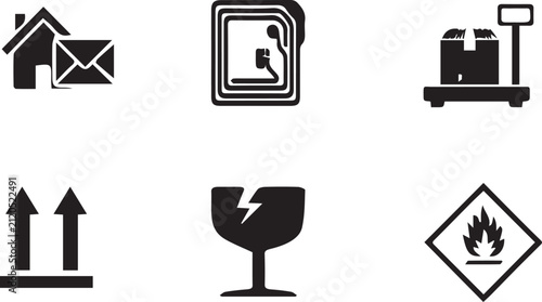 Packaging Handling and Logistics Vector Icon Set - RFID Tag, Weight Scale, Fragile, Flammable Warning, and Up Direction Symbols Isolated on White Background