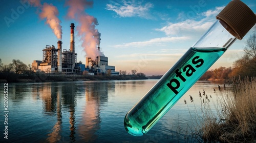 Test tube with PFAS chemical in river water near industrial factory emitting smoke. Environmental pollution study on contaminated water source. Nature vs industry threat.