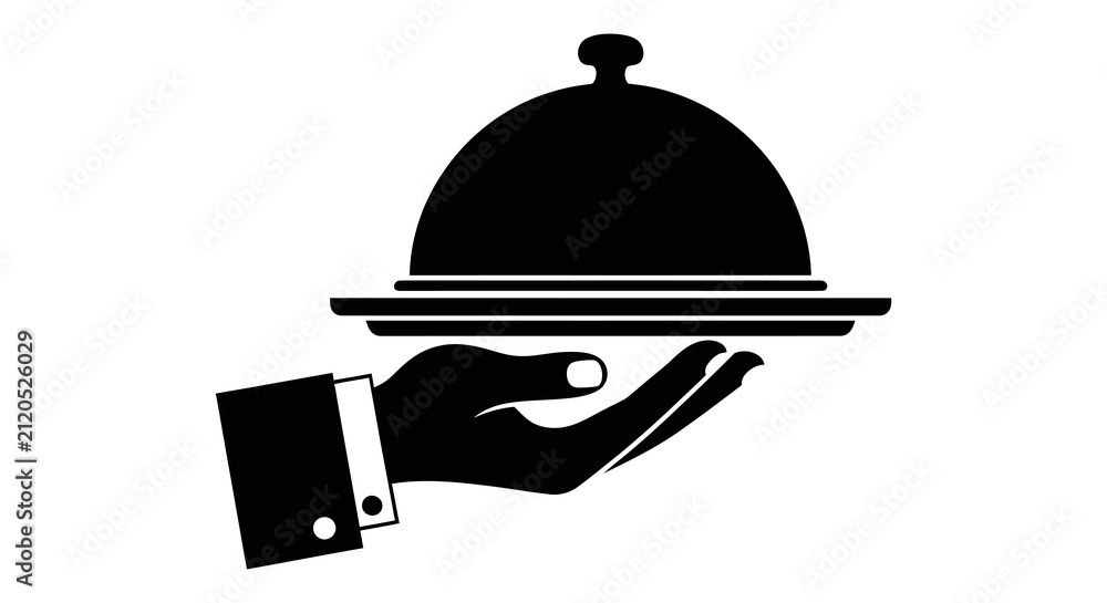 Fototapeta premium A black and white graphic illustration of a formal waiter hand holding a silver serving platter with a lid