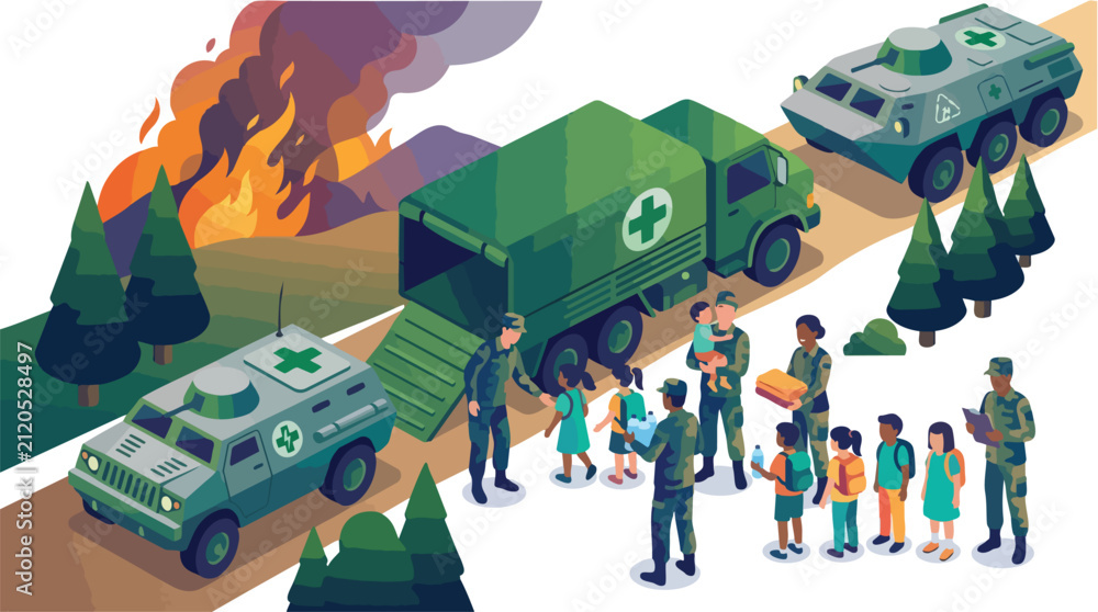 Obraz premium Military humanitarian aid operation with soldiers helping civilians and children near medical vehicles.