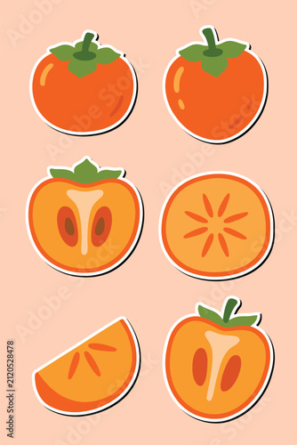 Persimmon Sticker Set Flat Vector Collection Isolated