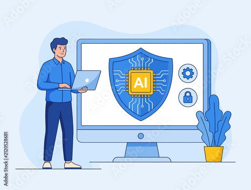 AI Security flat illustration of a man with laptop and digital shield