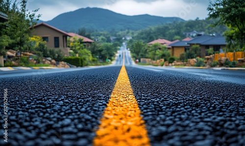 Low angle view of an empty asphalt road with a yellow center line leading into a small town