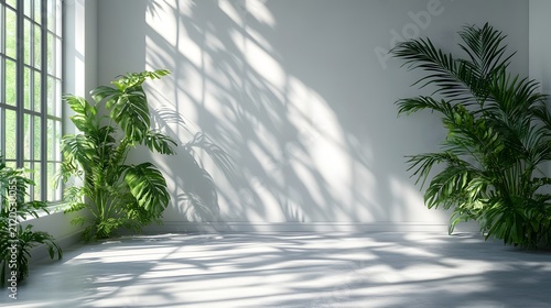 Minimalist interior room with white walls and green tropical plants casting soft window shadows