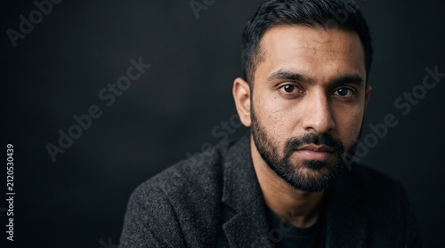 Headshot of a middle aged man with a beard, black background