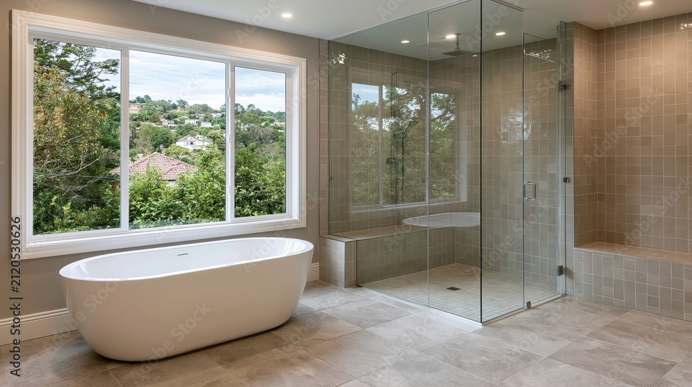 Fototapeta premium Contemporary bathroom features a chic freestanding tub positioned by a wide window, offering views of a verdant outdoor.