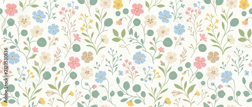 Seamless floral pattern with pastel wildflowers and green leaves on a light background, delicate botanical illustration