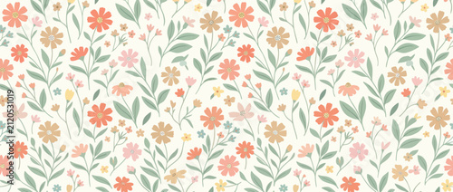 Seamless Pattern of Delicate Wildflowers and Green Leaves on Creamy Background, Spring Floral Design