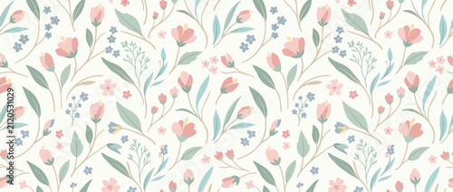 Konstfotografi Seamless vintage floral pattern with pink tulips and blue forget-me-nots on a cream background, elegant botanical design