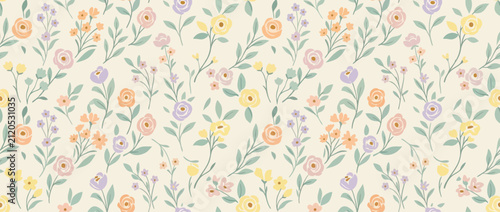 Seamless Floral Pattern with Pastel Flowers and Green Leaves on Cream Background - Vector Illustration