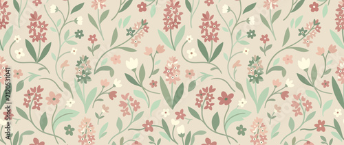 Seamless Floral Pattern with Hyacinths and Small Flowers in Soft Pastel Colors