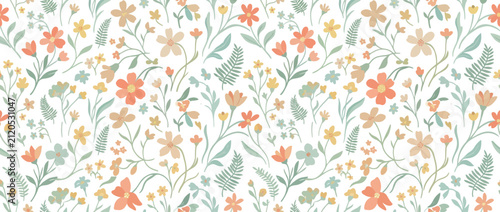 Seamless Floral Pattern with Wildflowers and Ferns in Pastel Colors