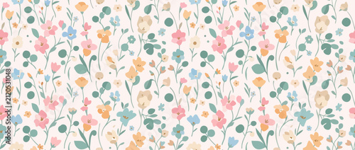 Seamless Floral Pattern with Delicate Blossoms in Pastel Colors, Spring Summer Background