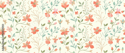 Seamless floral pattern with delicate coral flowers and green leaves on a cream background, botanical illustration
