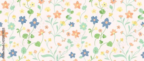 Seamless Floral Pattern: Delicate Wildflowers in Pastel Hues on Cream Background