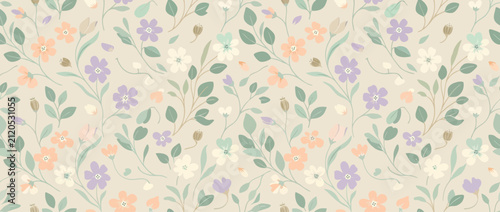 Soft Pastel Floral Pattern Seamless Background with Delicate Flowers and Leaves