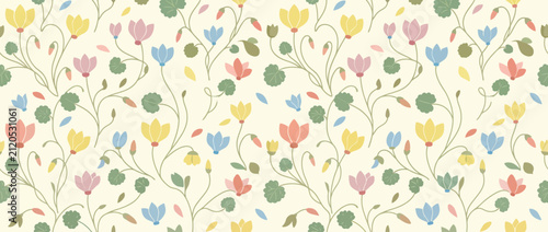 Seamless floral pattern with pastel colored flowers and leaves on a cream background, delicate botanical design.