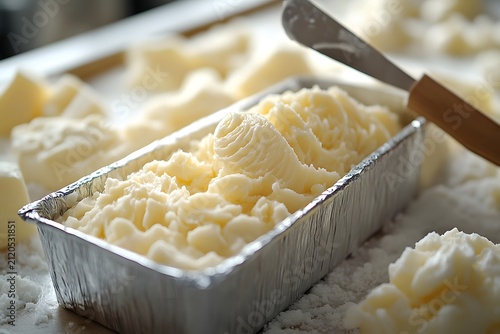Fresh creamy butter in a metal container with a butter knife on a rustic kitchen table setting