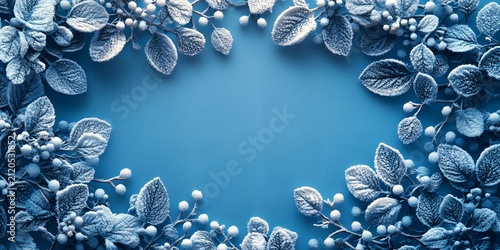 Festive winter holiday frame made of frosted leaves and berries on a solid blue background space.