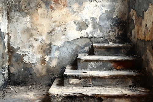 Old weathered staircase in a ruined building with peeling paint and dark distressed wall texture