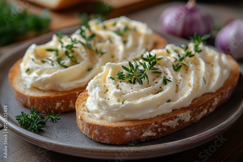 Toasted bread slices topped with creamy soft cheese and fresh green herbs on a plate.