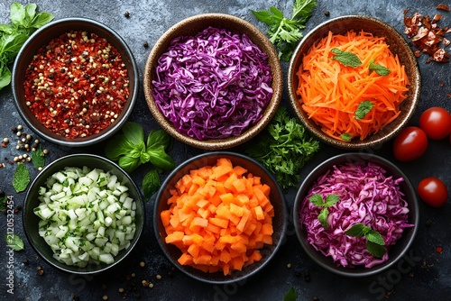 Top view of fresh colorful chopped vegetables in bowls for healthy cooking and salad preparation