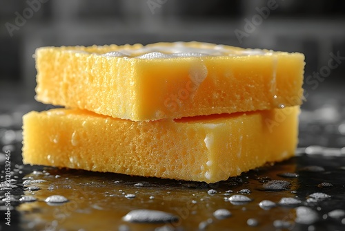 Two yellow cleaning sponges with soap suds on a dark wet surface for household cleaning tasks.