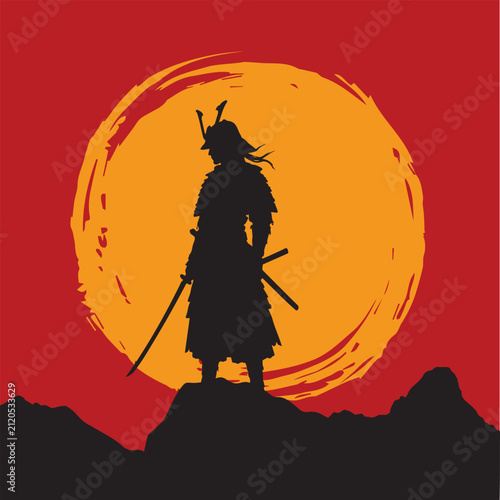 Samurai Warrior Silhouette at Sunset with Red Sky and Golden Sun Vector Illustration