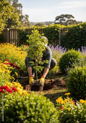 Mid section of woman planting chrysanthemum in the garden