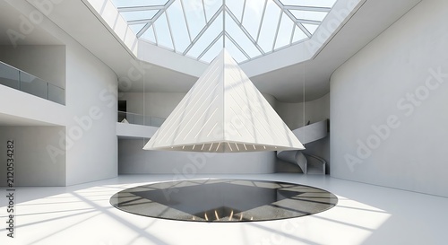 Floating White Pyramid Installation in Minimalist Atrium with Skylight | Futuristic Architectural Interior Design