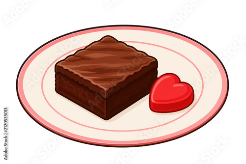 Square chocolate brownie with red heart candy on plate