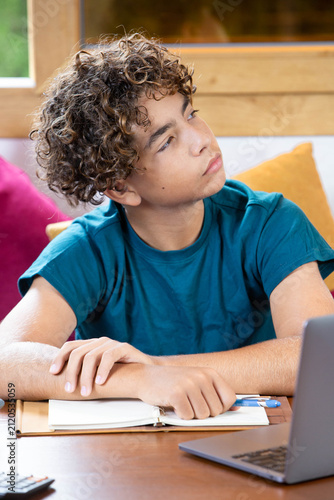 Quadro su tela Portrait of a thoughtful teenage boy taking a break while studying at home with a laptop and notebook