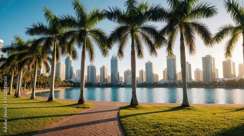 Obraz premium Palm trees line a pathway beside a blue lagoon with a city skyline. Buildings rise behind water reflecting sunlight. Green grass and paved walkway create park scene. A calm urban waterfront.